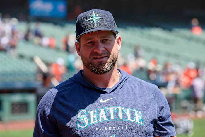 Jul 4, 2023; San Francisco, California, USA; Seattle Mariners bullpen coach and quality control coach Stephen Vogt (13) walks on the field before the game against the San Francisco Giants at Oracle Park.